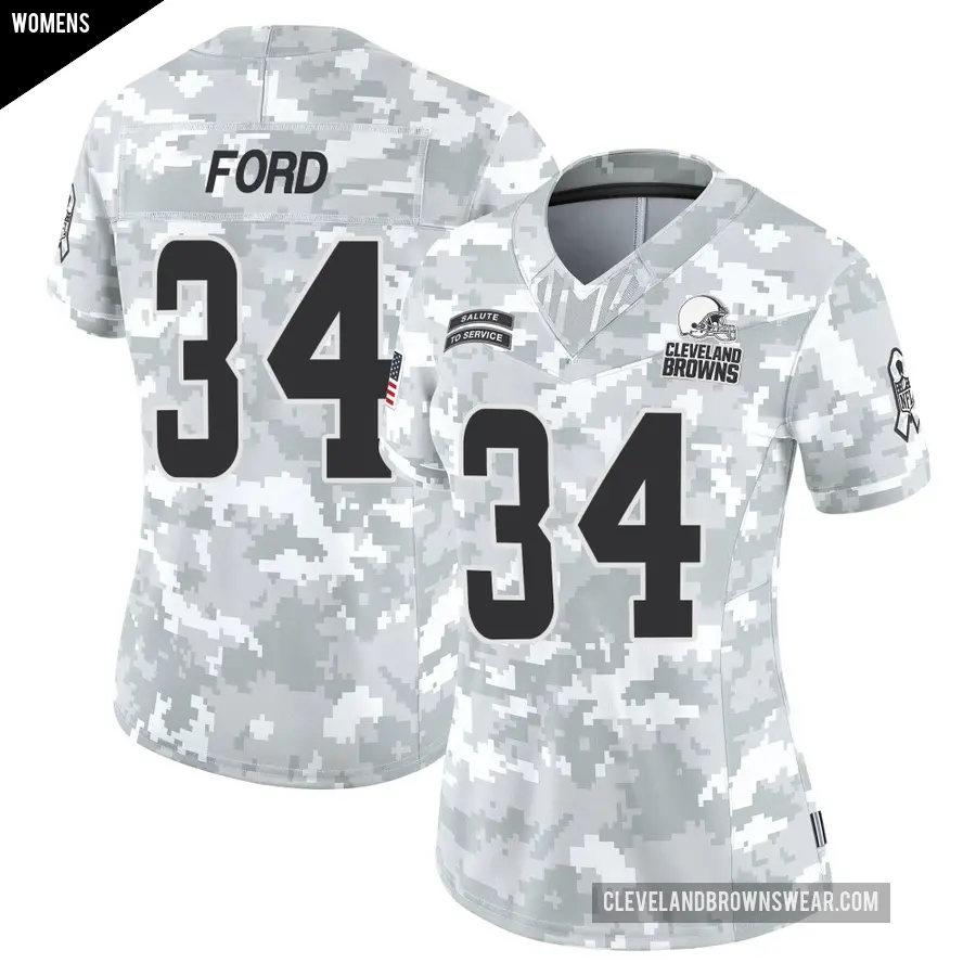 Women's Cleveland Browns ＃34 Jerome Ford Arctic Camo Limited 2024 Salute to Service Jersey